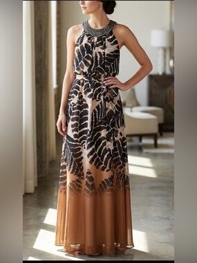 NWT Jessica Howard Boho Beaded Halter Gown - Goldenrod Brown size 8